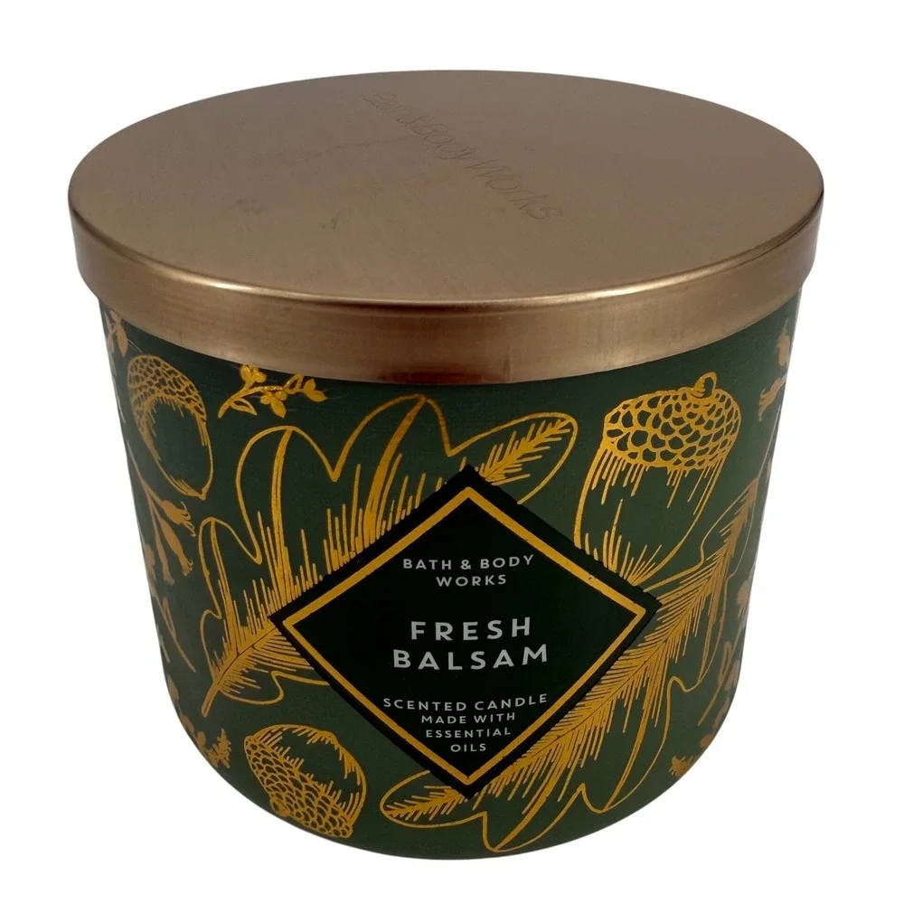 Bath & Body Works Fresh Balsam 3-Wick Scented Candle 14.5 oz Green Gold Lid